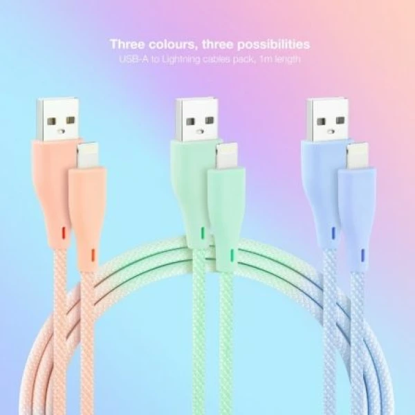 Cables USB 2.0 Lightning Nanocable 10.10.0401-CO1/ USB Macho - Lightning Macho/ 1m/ 3 Unidades/ Rosa, Azul y Verde - Imagen 2