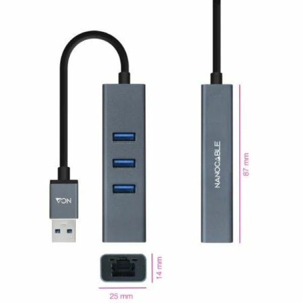 Hub USB 3.0 Nanocable 10.03.0407/ 3xUSB/ 1xRJ45/ Gris - Imagen 2