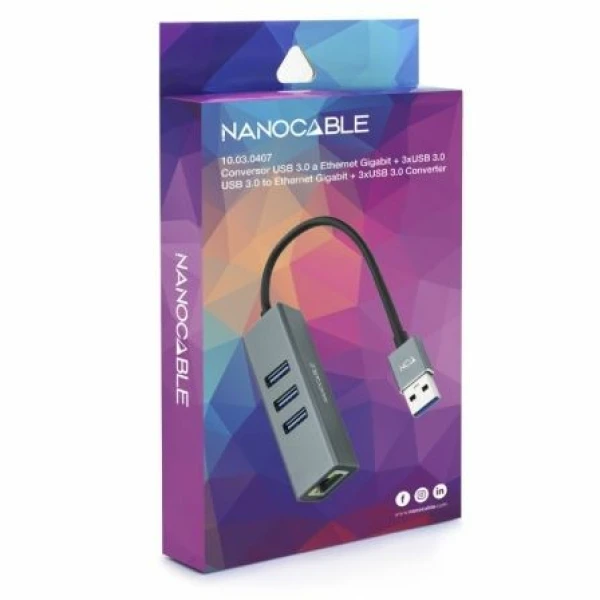 Hub USB 3.0 Nanocable 10.03.0407/ 3xUSB/ 1xRJ45/ Gris - Imagen 3