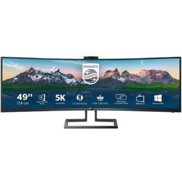 Monitor Profesional Ultrapanorámico Curvo Philips 499P9H 48.8"/ Dual QHD/ Webcam/ Multimedia/ Regulable en altura/ Negro