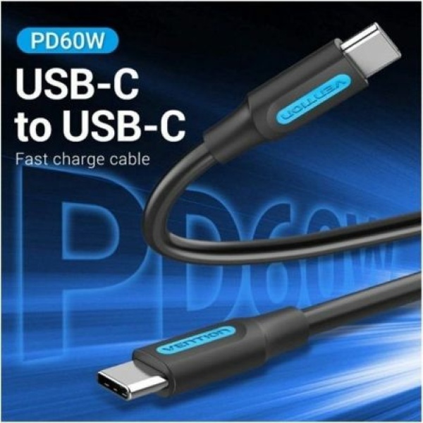 Cable USB 2.0 Tipo-C Vention COSBI/ USB Tipo-C Macho - USB Tipo-C Macho/ Hasta 60W/ 480Mbps/ 3m/ Negro - Imagen 2