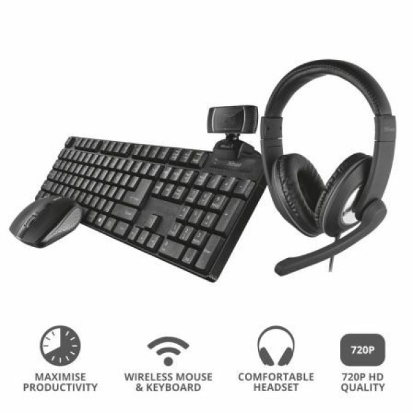 Pack 4 en 1 Trust Qoby Home Office Set Webcam + Teclado Inalámbrico + Ratón Inalámbrico + Auriculares con Micrófono - Imagen 2