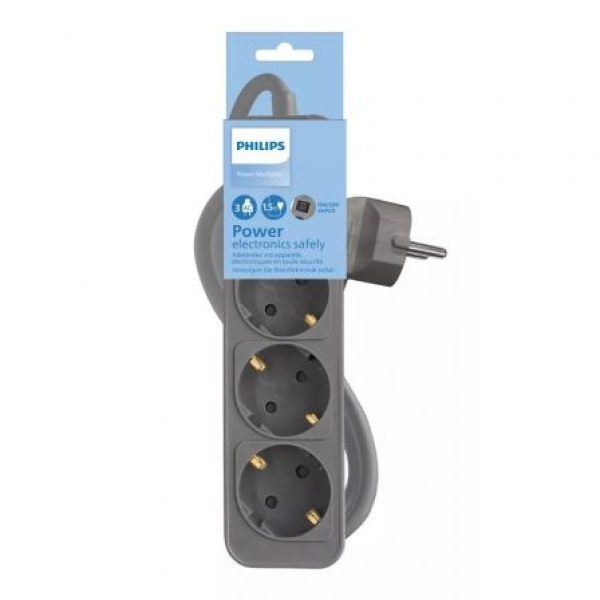 Regleta con Interruptor Philips CHP2134G/10/ 3 Tomas de corriente/ Cable 1.5m/ Gris - Imagen 2
