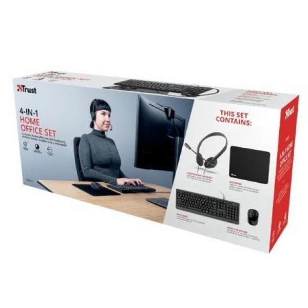 Pack 4 en 1 Trust Primo Home Office Set/ Teclado + Ratón Inalámbrico + Auriculares + Alfombrilla