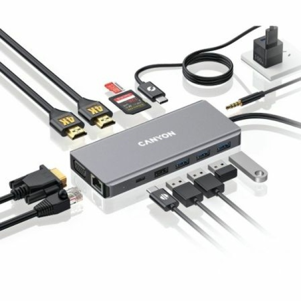 Docking USB 3.0 Tipo-C Canyon CNS-TDS12/ 1xVGA/ 2xHDMI/ 4xUSB/ 1xRJ45/ 1xAudio/ 1xUSB Tipo-C/ 1xLector Tarjetas/ Gris Oscuro - Imagen 2