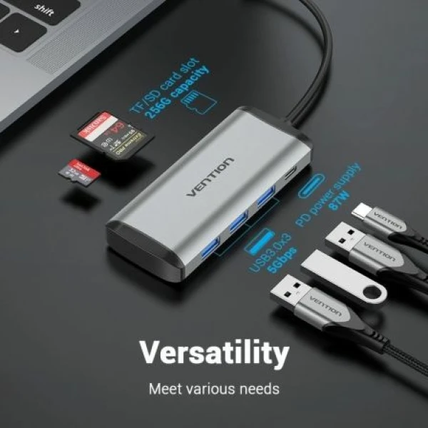 Docking USB Tipo-C Vention TGRHB/ 3xUSB/ 1xLector Tarjetas/ 1xUSB Tipo-C PD/ Gris - Imagen 2