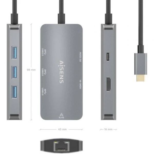 Docking USB Tipo-C Aisens ASUC-6P019-GR/ 1xHDMI/ 3xUSB/ 1xRJ45/ 1xUSB Tipo-C PD/ Gris - Imagen 3