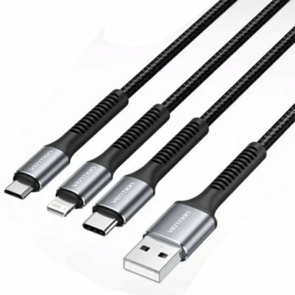 Cable USB Tipo-C Lightning Vention H18BAV/ USB Tipo-C Macho/ Lightning Macho - MicroUSB Macho - USB Macho/ 1.2m/ Negro