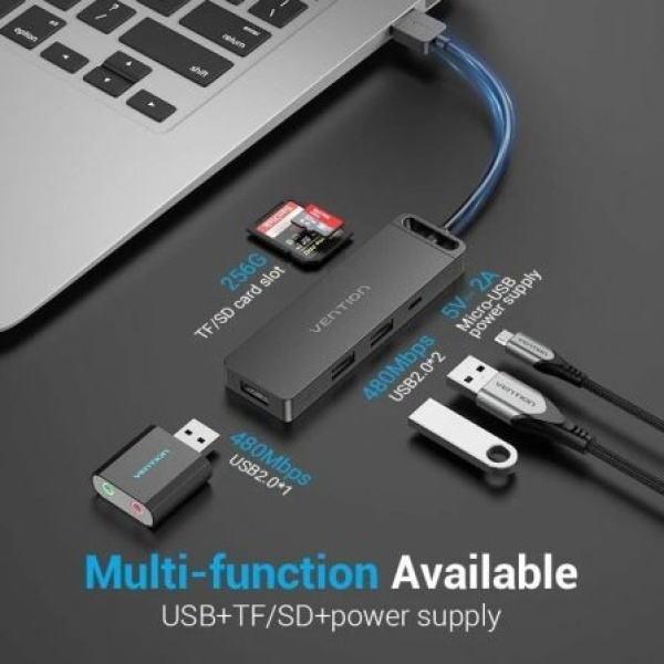 HUB USB 2.0 Vention CHUBB/ 3xUSB/ 1xMicroUSB PD/ 1xLector Tarjetas/ Negro - Imagen 3