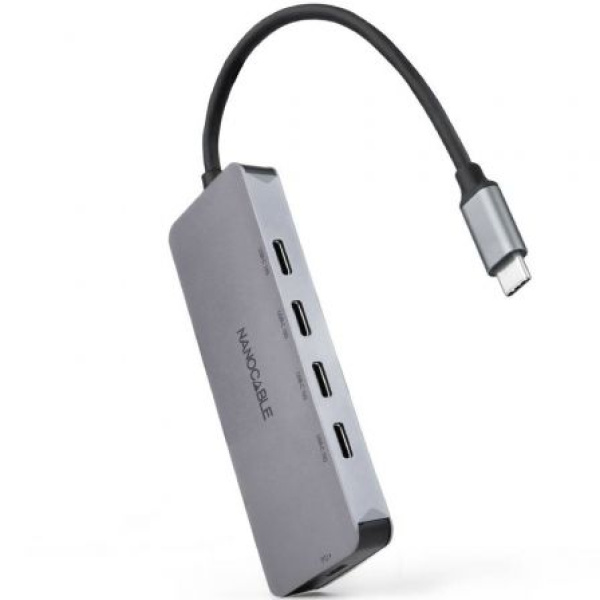 Hub USB Tipo-C Nanocable 10.16.4505/ 4xUSB Tipo-C/ 1xUSB Tipo-C DP/ Gris