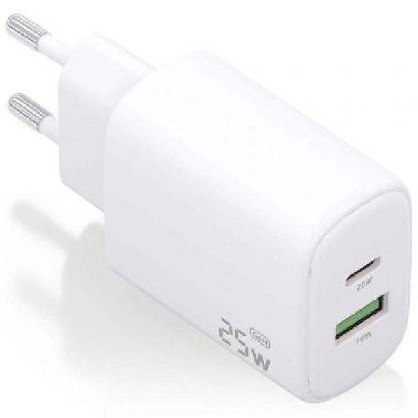 Cargador GaN de Pared Aisens A110-0911/ 1xUSB Tipo-C/ 1xUSB/ 25W/ Blanco