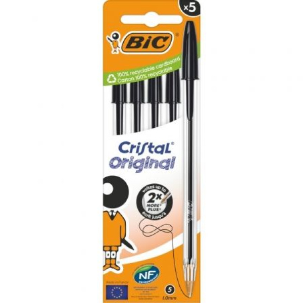 Caja de Bolígrafos de Tinta de Aceite Bic Cristal Original 516345/ 5 unidades/ Negros