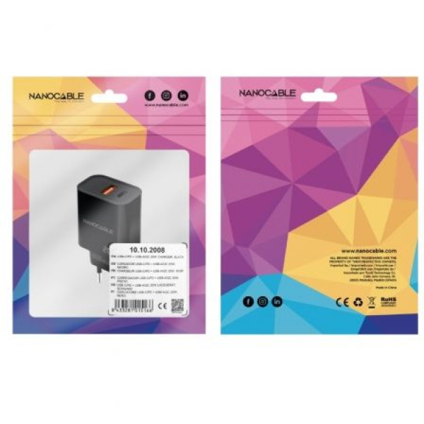 Cargador de Pared Nanocable 10.10.2008/ 1xUSB/ 1xUSB Tipo-C/ 20W/ Negro - Imagen 2