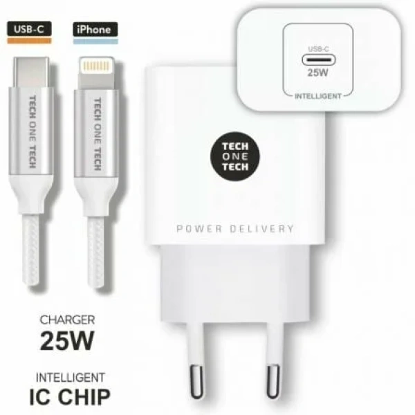 Cargador de Pared Tech One Tech TEC2265/ 1xUSB Tipo-C + Cable Lightning/ 3A/ Blanco - Imagen 2