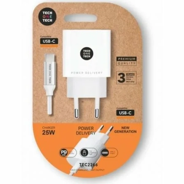 Cargador de Pared Tech One Tech TEC2266/ 1xUSB Tipo-C + Cable USB Tipo-C/ 3A/ Blanco