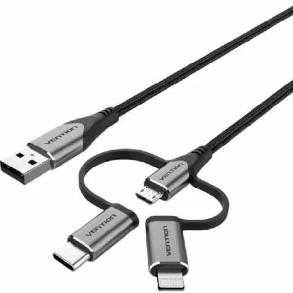 Cable USB 2.0 Tipo-C Vention CQJHG/ USB Macho/ USB Tipo-C Macho - MicroUSB Macho - Lightning Macho/ 480Mbps/ 1.5m/ Gris