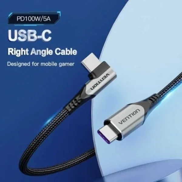 Cable USB 2.0 Tipo-C 90º Vention TAKHD/ USB Tipo-C Macho - USB Tipo-C Macho/ Hasta 100W/ 480Mbps/ 50cm/ Gris - Imagen 2