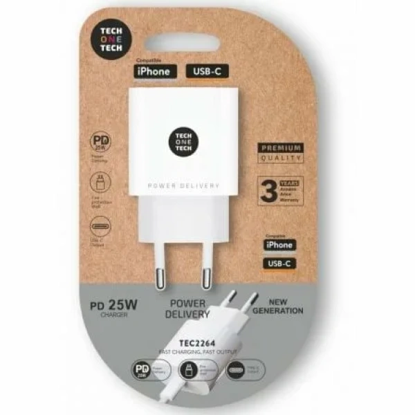 Cargador de Pared Tech One Tech TEC2264/ 1xUSB Tipo-C/ 25W/ Blanco