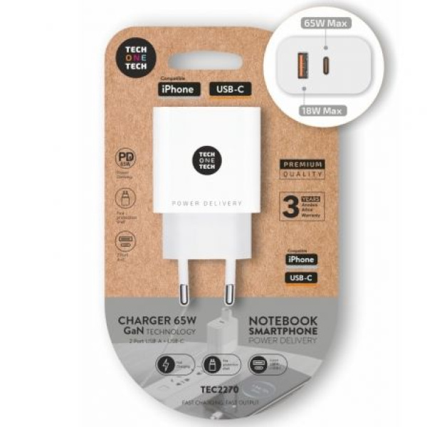 Cargador Gan de Pared Tech One Tech GaN TEC2270/ 1xUSB Tipo-C/ 1x USB/ 65W/ Blanco