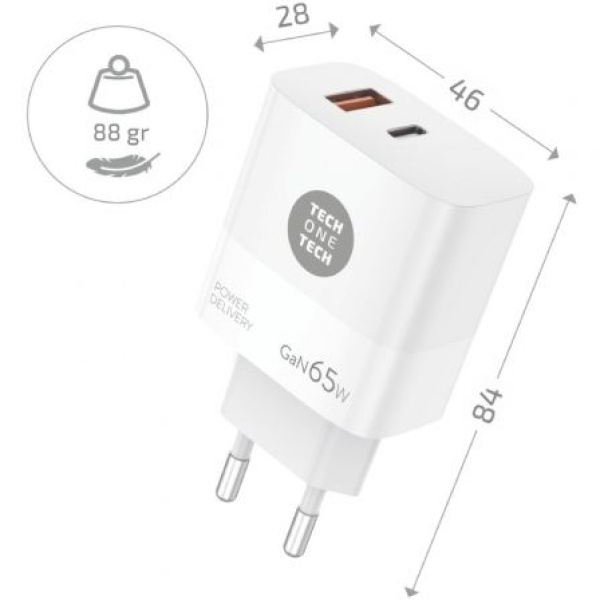 Cargador Gan de Pared Tech One Tech GaN TEC2270/ 1xUSB Tipo-C/ 1x USB/ 65W/ Blanco - Imagen 2