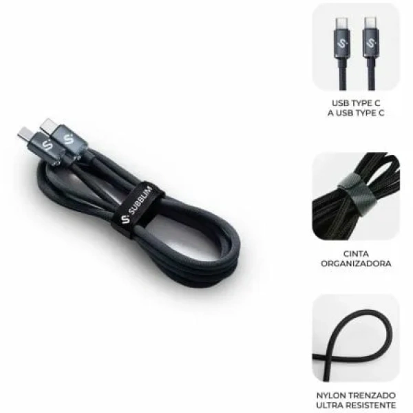 Cable USB 2.0 Tipo-C Subblim Optimus/ USB Tipo-C Macho - USB Tipo-C Macho/ Hasta 60W/ 480Mbps/ 1m/ Negro - Imagen 2