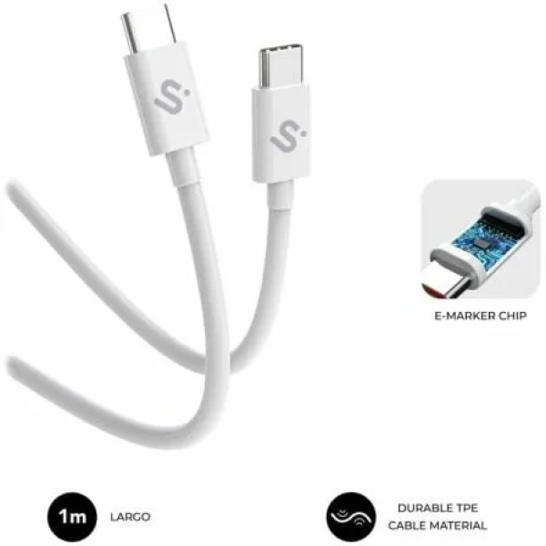 Cable USB 2.0 Tipo-C Subblim Cable Plus/ USB Tipo-C Macho - USB Tipo-C Macho/ Hasta 100W/ 480Mbps/ 1m/ Blanco - Imagen 2