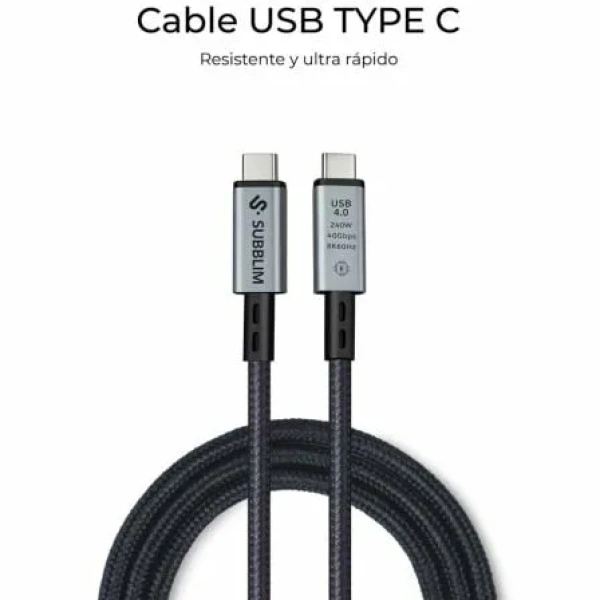 Cable USB 4.0 Tipo-C Subblim Cable High/ USB Tipo-C Macho - USB Tipo-C Macho/ Hasta 240W/ 1.5m/ Negro - Imagen 3