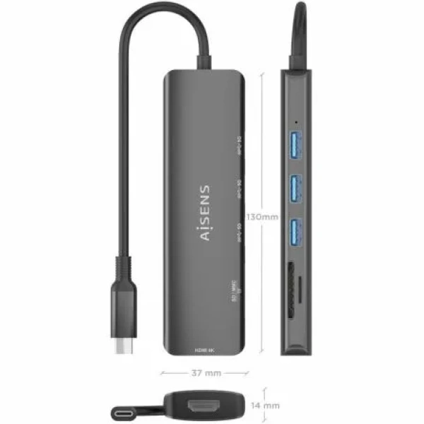 Docking USB Tipo-C Aisens ASUC-6P024-GR/ 1xHDMI/ 3xUSB/ 1xLector Tarjetas/ Gris - Imagen 3