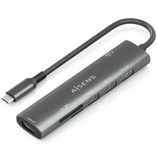 Docking USB Tipo-C Aisens ASUC-7P025-GR/ 1xHDMI/ 3xUSB/ 1xUSB Tipo-C PD/ 1xLector Tarjetas/ Gris
