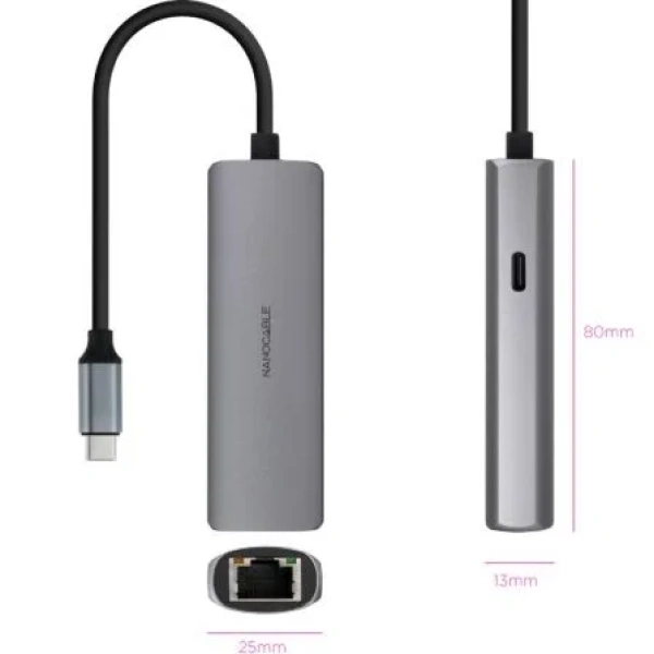 Hub USB Tipo-C 3.1 Nanocable 10.16.4603/ 1xUSB Tipo-C PD/ 1xRJ45/ Gris - Imagen 2