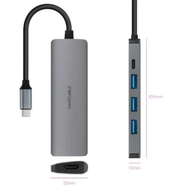 Docking Tipo-C Nanocable 10.16.4605/ 3xUSB/ 1xHDMI 4K/ 1xUSB Tipo-C PD/ Gris - Imagen 2