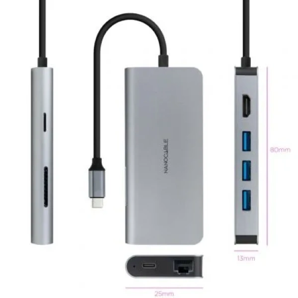 Docking Tipo-C Nanocable 10.16.4609/ 3xUSB/ 1xHDMI 4K/ 1xRJ45/ 1xLector tarjetas/ 1xUSB Tipo-C PD/ Gris - Imagen 2