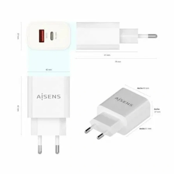 Cargador de Pared Aisens A110-0681/ 1xUSB Tipo-C/ 1xUSB/ 20W - Imagen 3