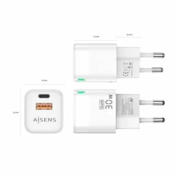 Cargador de Pared GaN Aisens ASCH-30W2P004-W/ 1xUSB Tipo-C/ 1xUSB/ 30W - Imagen 3