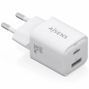 Cargador de Pared GaN Aisens ASCH-30W2P020-W/ 1xUSB Tipo-C/ 1xUSB/ 30W