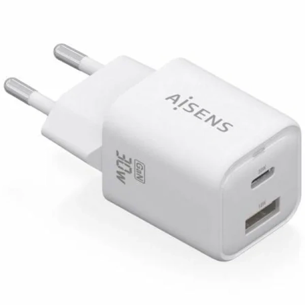 Cargador de Pared GaN Aisens ASCH-30W2P020-W/ 1xUSB Tipo-C/ 1xUSB/ 30W