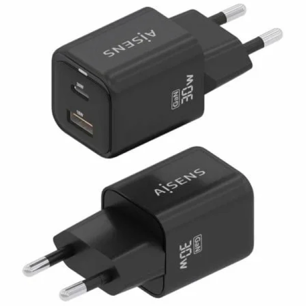 Cargador de Pared GaN Aisens ASCH-30W2P021-BK/ 1xUSB Tipo-C/ 1xUSB/ 30W - Imagen 2