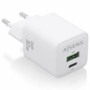 Cargador de Pared GaN Aisens ASCH-30W2P037-W/ 1xUSB Tipo-C/ 1xUSB/ 30W