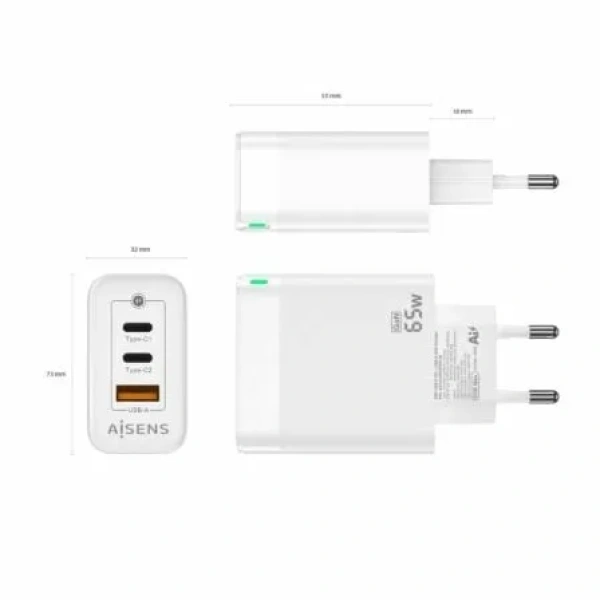 Cargador de Pared GaN Aisens ASCH-65W3P007-W/ 2xUSB Tipo-C/ 1x USB/ 65W - Imagen 3