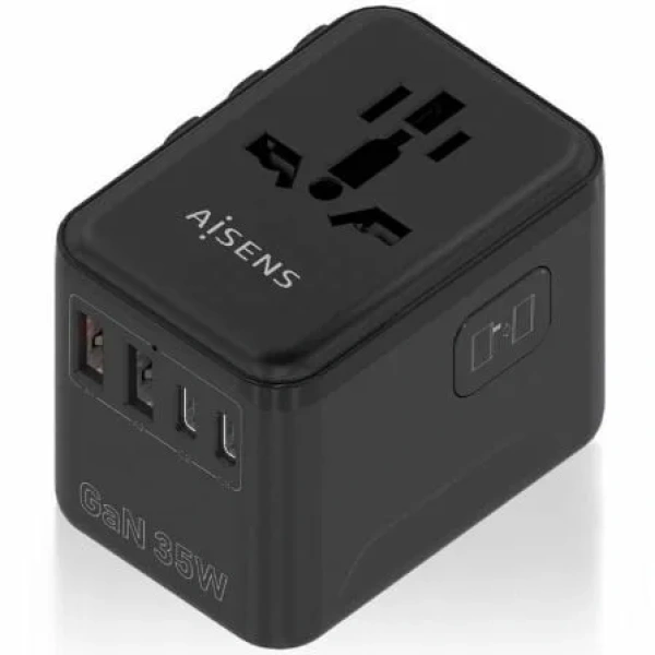 Cargador de Pared Universal GaN para Viaje Aisens ASPS-2A3C09-BK/ Toma de Corriente Universal/ 3xUSB Tipo-C/ 2xUSB/ 35W