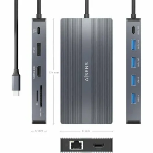 Docking USB Tipo-C Aisens ASUC-12P017-GR/ 2xHDMI/ 4xUSB/ 1xUSB Tipo-C/ 1xRJ45/ 1xDisplayPort/ 1xLector Tarjetas/ 1xUSB Tipo-C PD/ Gris - Imagen 3
