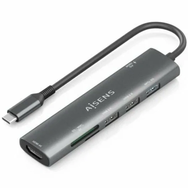Docking USB Tipo-C Aisens ASUC-7P025-GR/ 1xHDMI/ 3xUSB/ 1xUSB Tipo-C PD/ 1xLector Tarjetas/ Gris