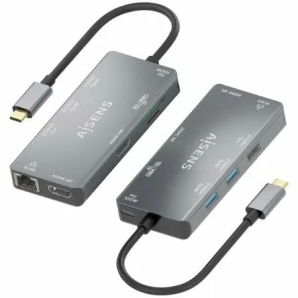 Docking USB Tipo-C Aisens ASUC-9P018-GR/ 2xHDMI/ 3xUSB/ 1xRJ45/ 1xLector Tarjetas/ 1xUSB Tipo-C PD/ Gris - Imagen 2