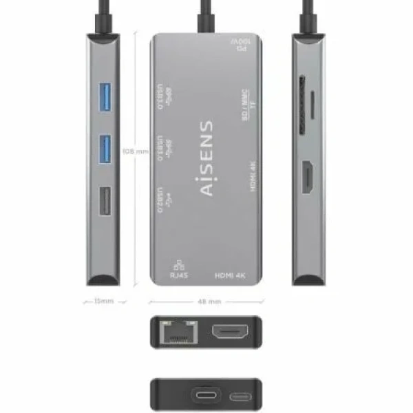 Docking USB Tipo-C Aisens ASUC-9P018-GR/ 2xHDMI/ 3xUSB/ 1xRJ45/ 1xLector Tarjetas/ 1xUSB Tipo-C PD/ Gris - Imagen 3