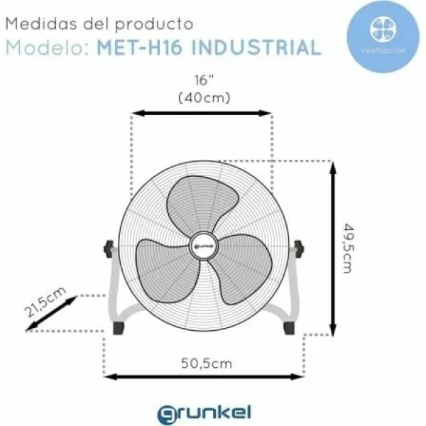 Ventilador de Suelo Industrial Grunkel MET-H16INDUSTRIAL/ 90W/ 3 Aspas 40cm/ 3 Velocidades - Imagen 3
