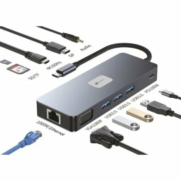 Docking USB Tipo-C Leotec LEDS03/ 3xUSB/ 1xUSB Tipo-C PD/ 1xHDMI 4K/ 1 xDisplayPort/ 1xVGA/ 1xAudio/ 1xRJ45/ 1xLector Tarjetas SD y MicroSD/ Gris