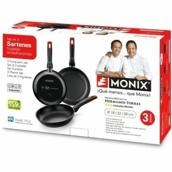 Pack 3 Sarténes Monix Hermanos Torres M240000/ Ø18cm/ Ø22cm/ Ø26cm/ Aluminio forjado/ Apta para Inducción - Imagen 2