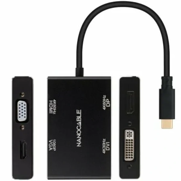 Conversor Nanocable 10.16.4307/ USB Tipo-C Macho - VGA Hembra/ DVI Hembra/ HDMI Hembra/ DisplayPort Hembra/ 10cm/ Negro - Imagen 2