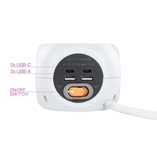 Regleta Nanocable 10.37.0001/ 3 Tomas de corriente/ 2 USB - 2 USB Tipo-C/ Cable 1.4m/ Blanca - Imagen 3
