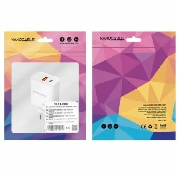 Cargador de Pared Nanocable 10.10.2007/ 1xUSB/ 1xUSB Tipo-C/ 20W/ Blanco - Imagen 2